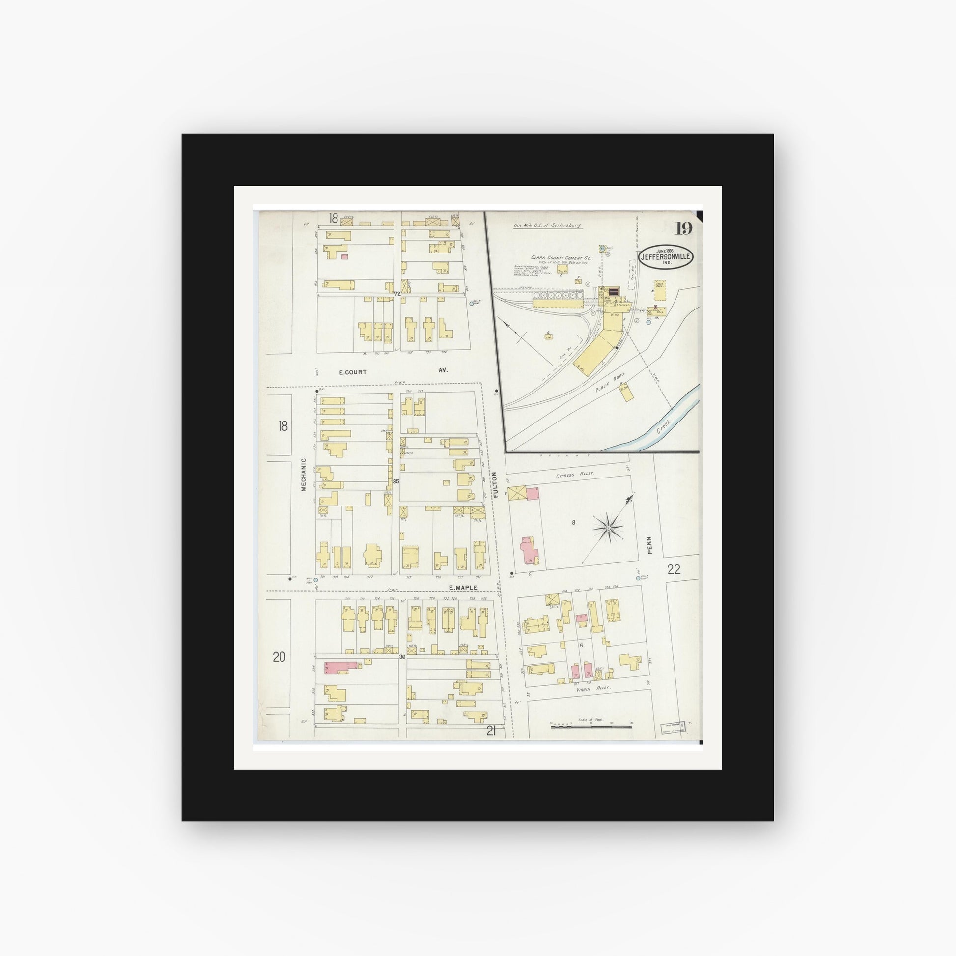 Old map wall art mockup — black gallery frame with white mat — Sanborn Fire Insurance Map from Jeffersonville, Clark County, Indiana (1898), Sheet #0019