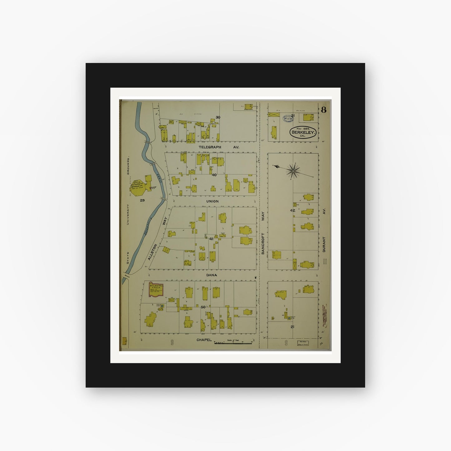 Old map wall art mockup — black gallery frame with white mat — Sanborn Fire Insurance Map from Berkeley, Alameda County, California (1894), Sheet #0008