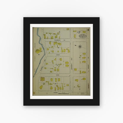 Old map wall art mockup — black gallery frame with white mat — Sanborn Fire Insurance Map from Berkeley, Alameda County, California (1894), Sheet #0008