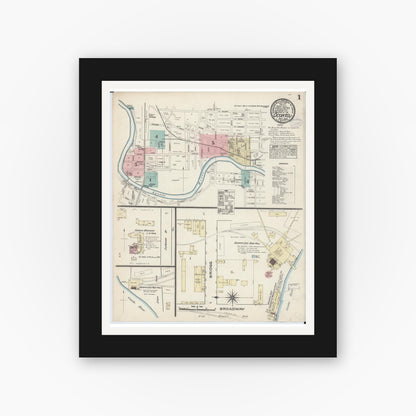Old map wall art mockup — black gallery frame with white mat — Sanborn Fire Insurance Map from Oconto, Oconto County, Wisconsin (1883), Sheet #0001