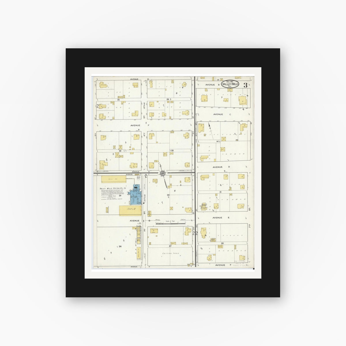 Old map wall art mockup — black gallery frame with white mat — Sanborn Fire Insurance Map from Valley Mills, Bosque County, Texas (1915), Sheet #0003