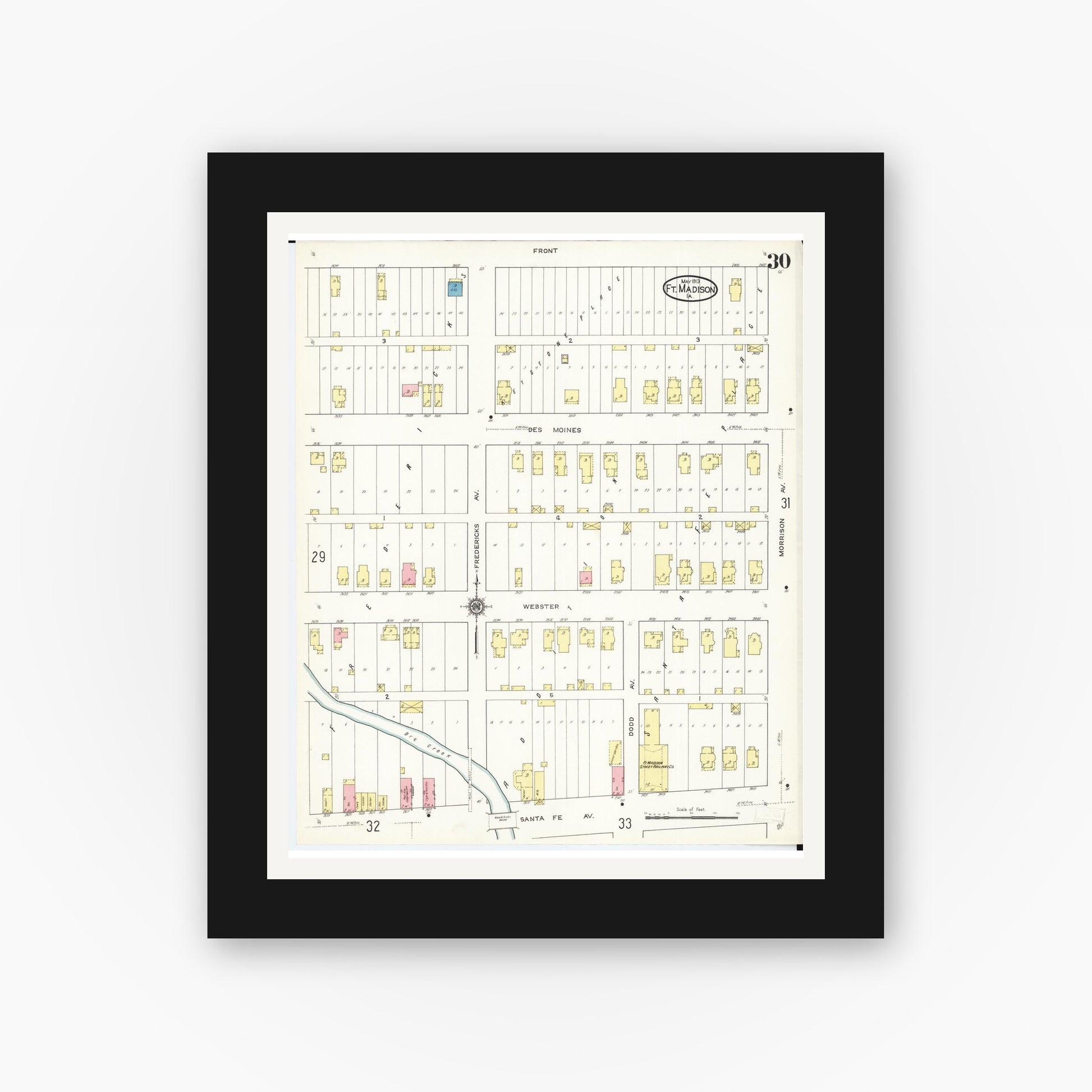 Old map wall art mockup — black gallery frame with white mat — Sanborn Fire Insurance Map from Fort Madison, Lee County, Iowa (1913), Sheet #0030