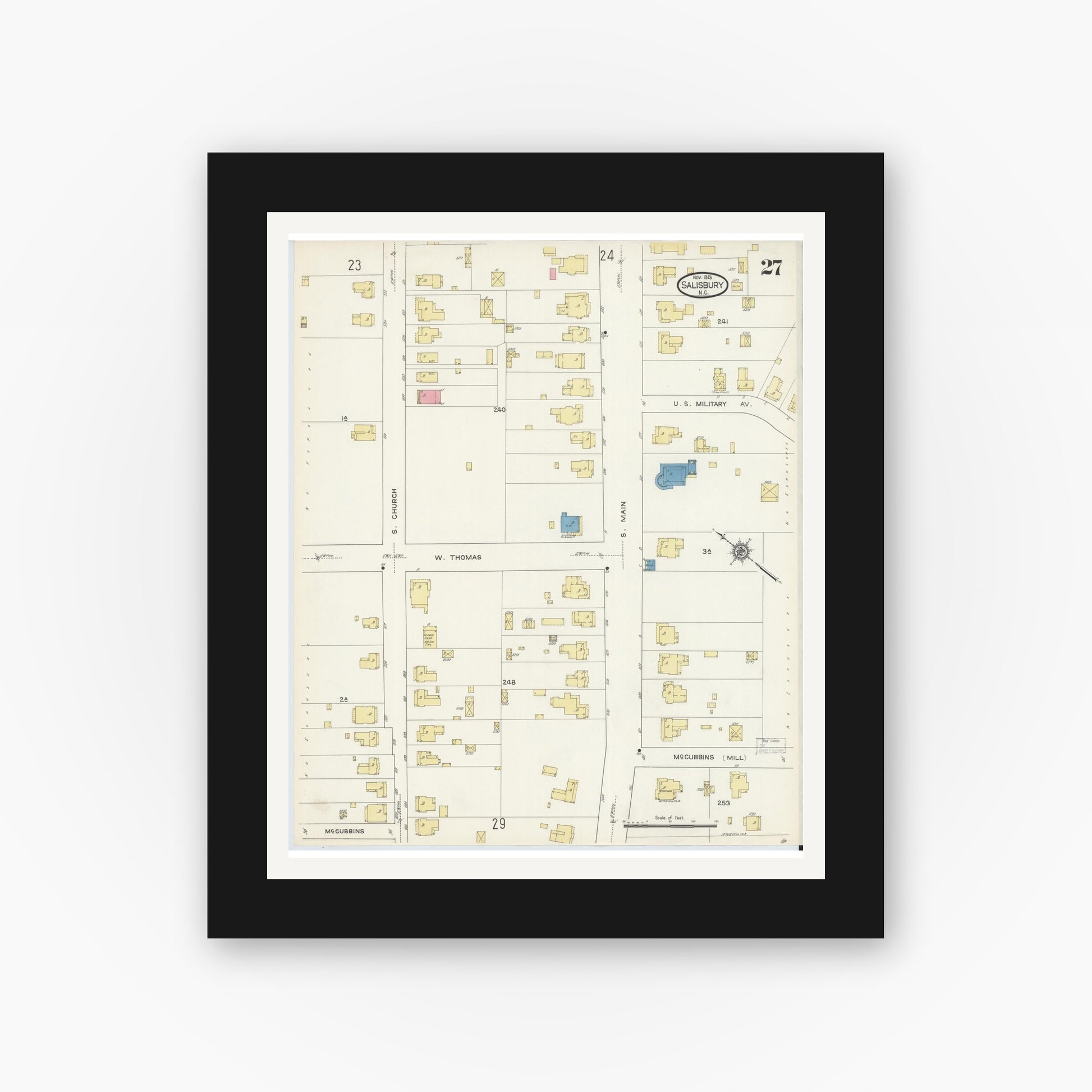 Old map wall art mockup — black gallery frame with white mat — Sanborn Fire Insurance Map from Salisbury, Rowan County, North Carolina (1913), Sheet #0027