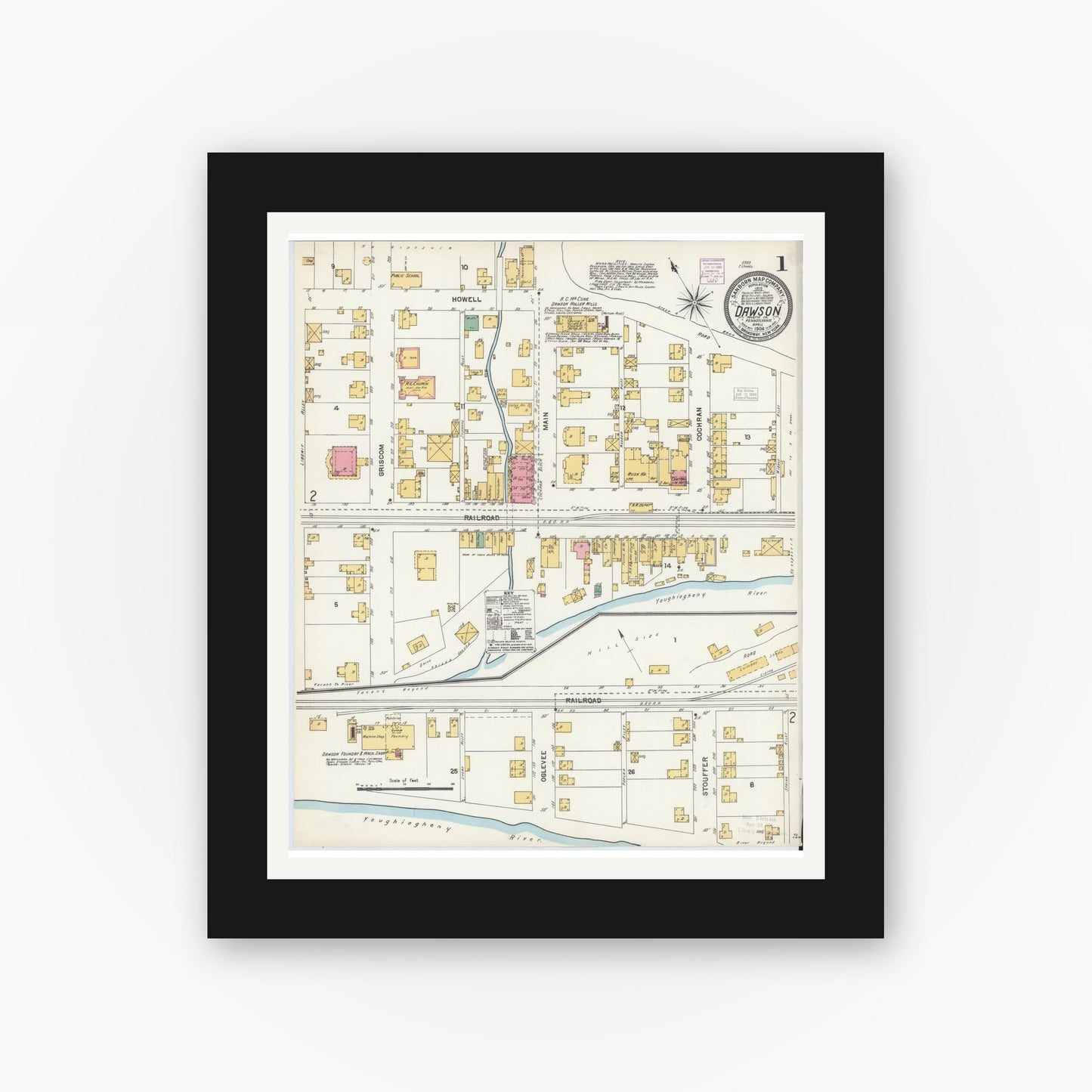 Old map wall art mockup — black gallery frame with white mat — Sanborn Fire Insurance Map from Dawson, Fayette County, Pennsylvania (1904) - Complete Map Set
