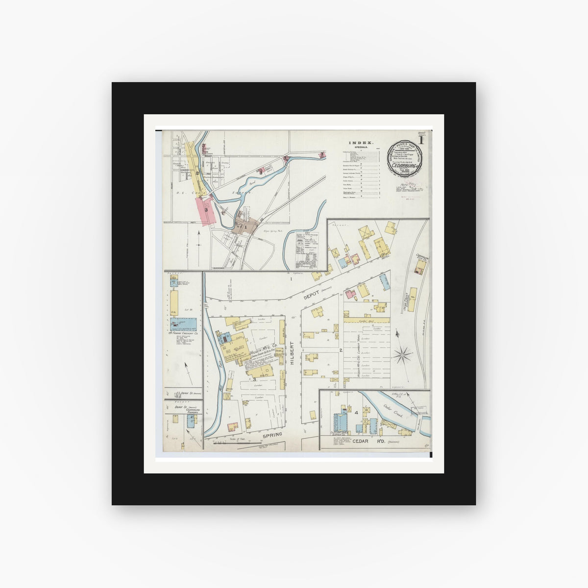 Old map wall art mockup — black gallery frame with white mat — Sanborn Fire Insurance Map from Cedarburg, Ozaukee County, Wisconsin (1893) - Complete Map Set