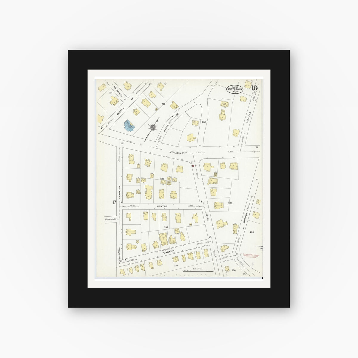 Old map wall art mockup — black gallery frame with white mat — Sanborn Fire Insurance Map from Watertown, Middlesex County, Massachusetts (1911), Sheet #0018