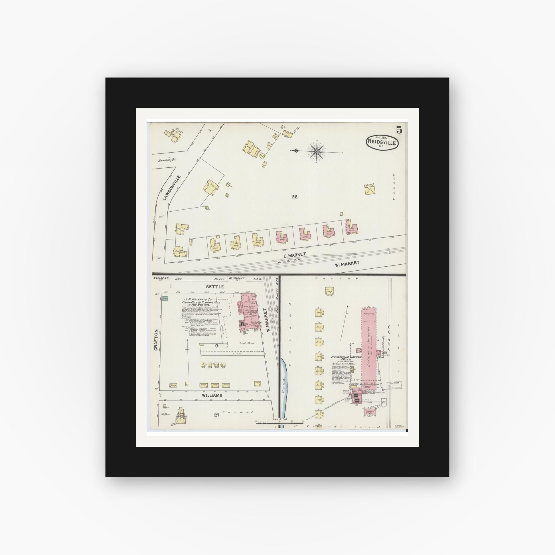 Old map wall art mockup — black gallery frame with white mat — Sanborn Fire Insurance Map from Reidsville, Rockingham County, North Carolina (1890), Sheet #0005