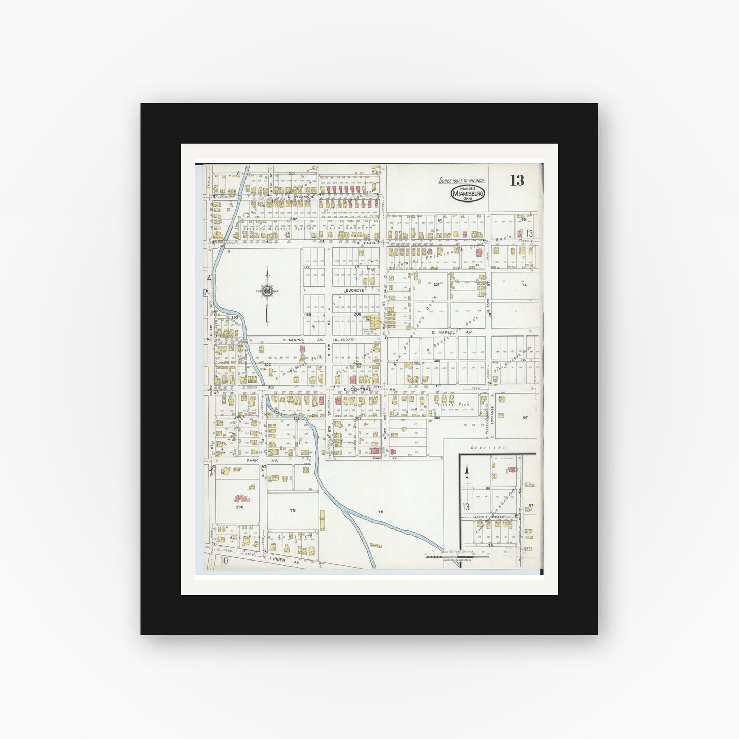 Old map wall art mockup — black gallery frame with white mat — Sanborn Fire Insurance Map from Miamisburg, Montgomery County, Ohio (1919), Sheet #0013