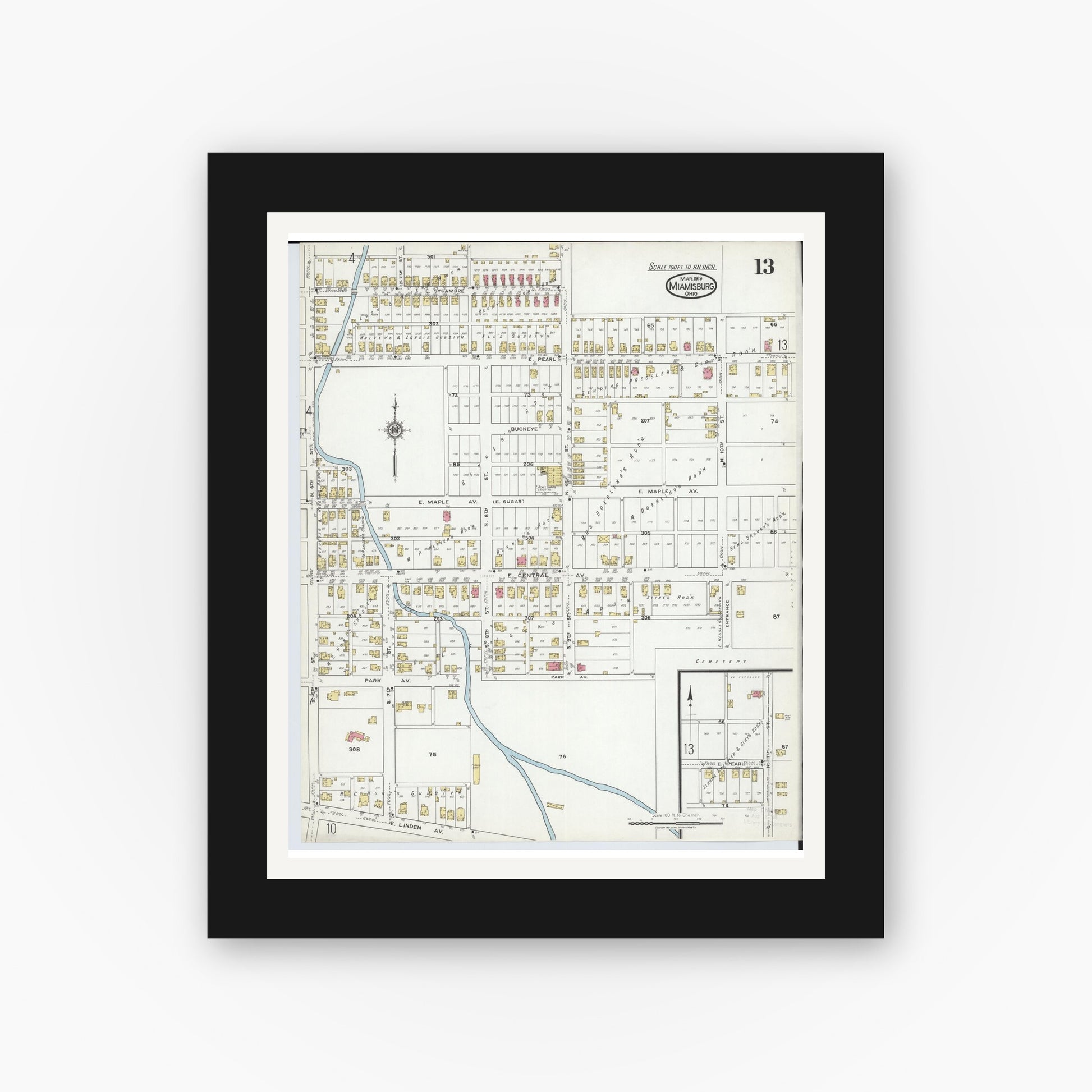 Old map wall art mockup — black gallery frame with white mat — Sanborn Fire Insurance Map from Miamisburg, Montgomery County, Ohio (1919), Sheet #0013