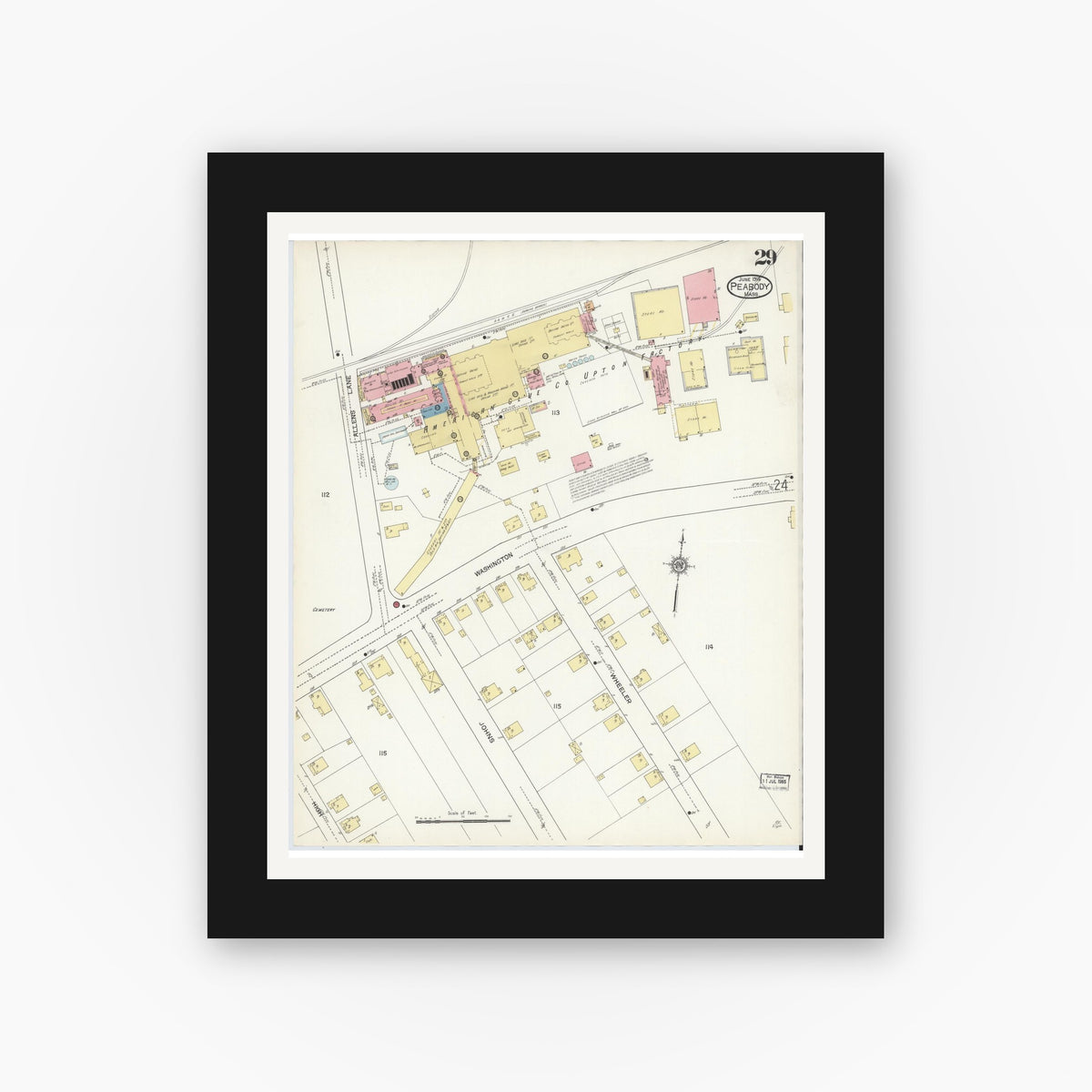 Old map wall art mockup — black gallery frame with white mat — Sanborn Fire Insurance Map from Peabody, Essex County, Massachusetts (1914), Sheet #0029