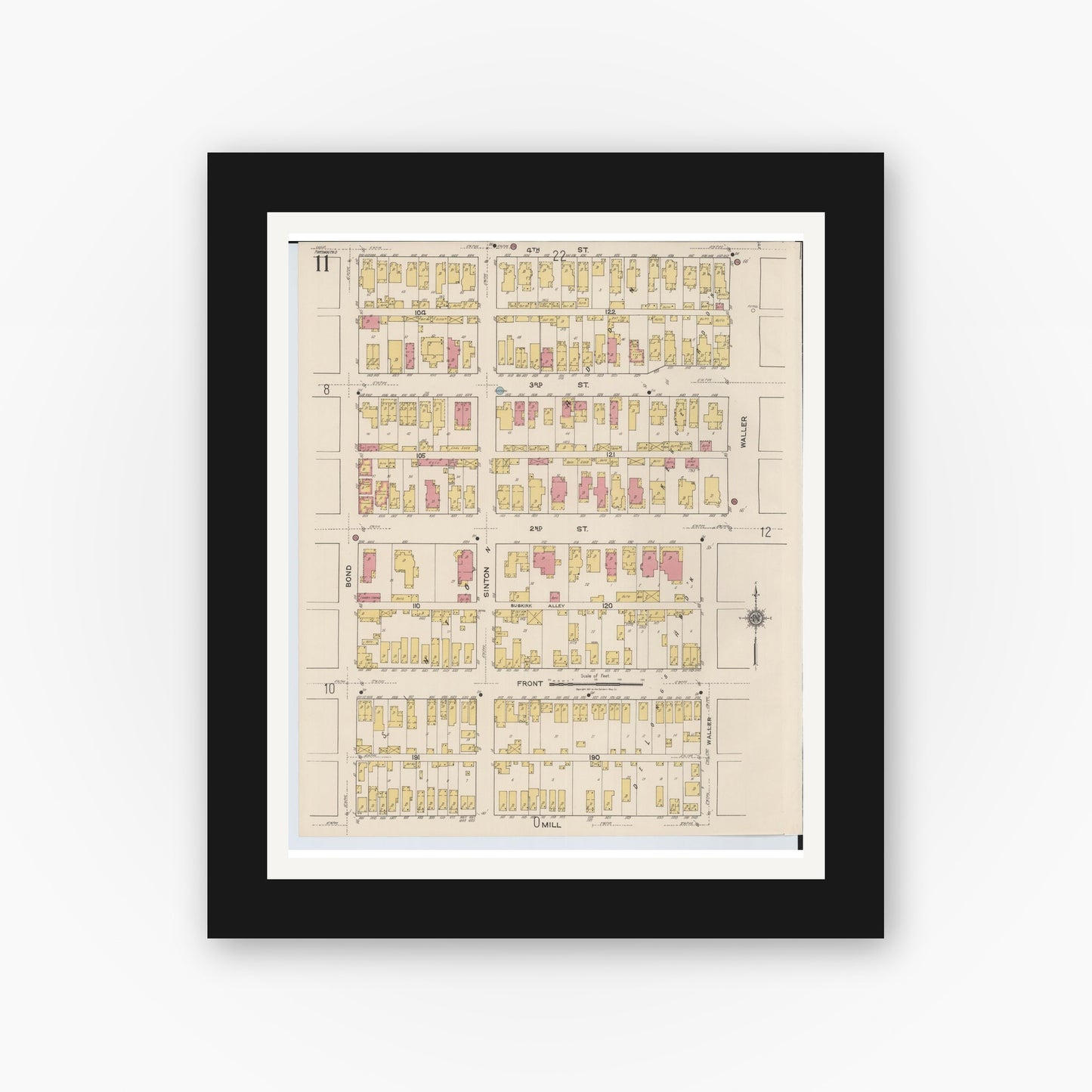 Old map wall art mockup — black gallery frame with white mat — Sanborn Fire Insurance Map from Portsmouth, Scioto County, Ohio (1921), Sheet #0011