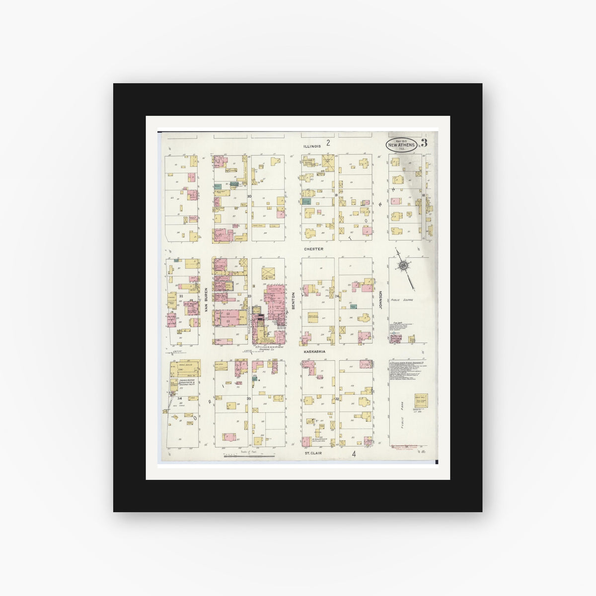 Old map wall art mockup — black gallery frame with white mat — Sanborn Fire Insurance Map from New Athens, Saint Clair County, Illinois (1910), Sheet #0003