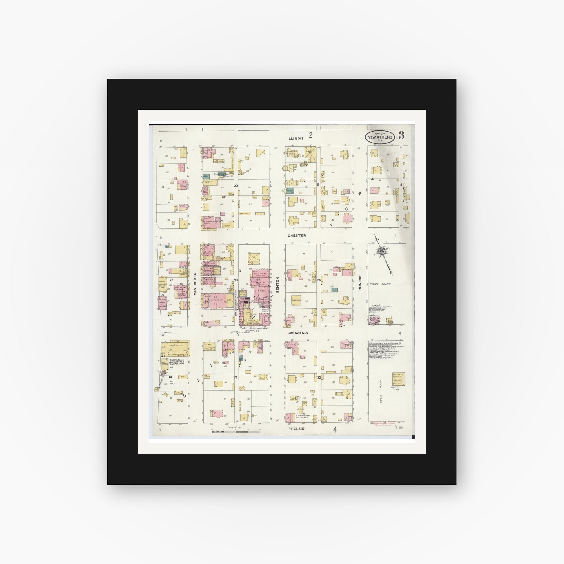 Old map wall art mockup — black gallery frame with white mat — Sanborn Fire Insurance Map from New Athens, Saint Clair County, Illinois (1910), Sheet #0003