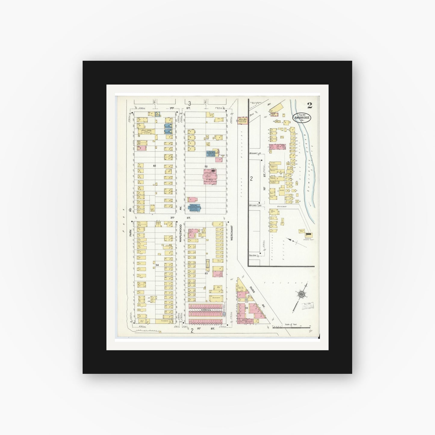 Old map wall art mockup — black gallery frame with white mat — Sanborn Fire Insurance Map from Ambridge, Beaver County, Pennsylvania (1911), Sheet #0002