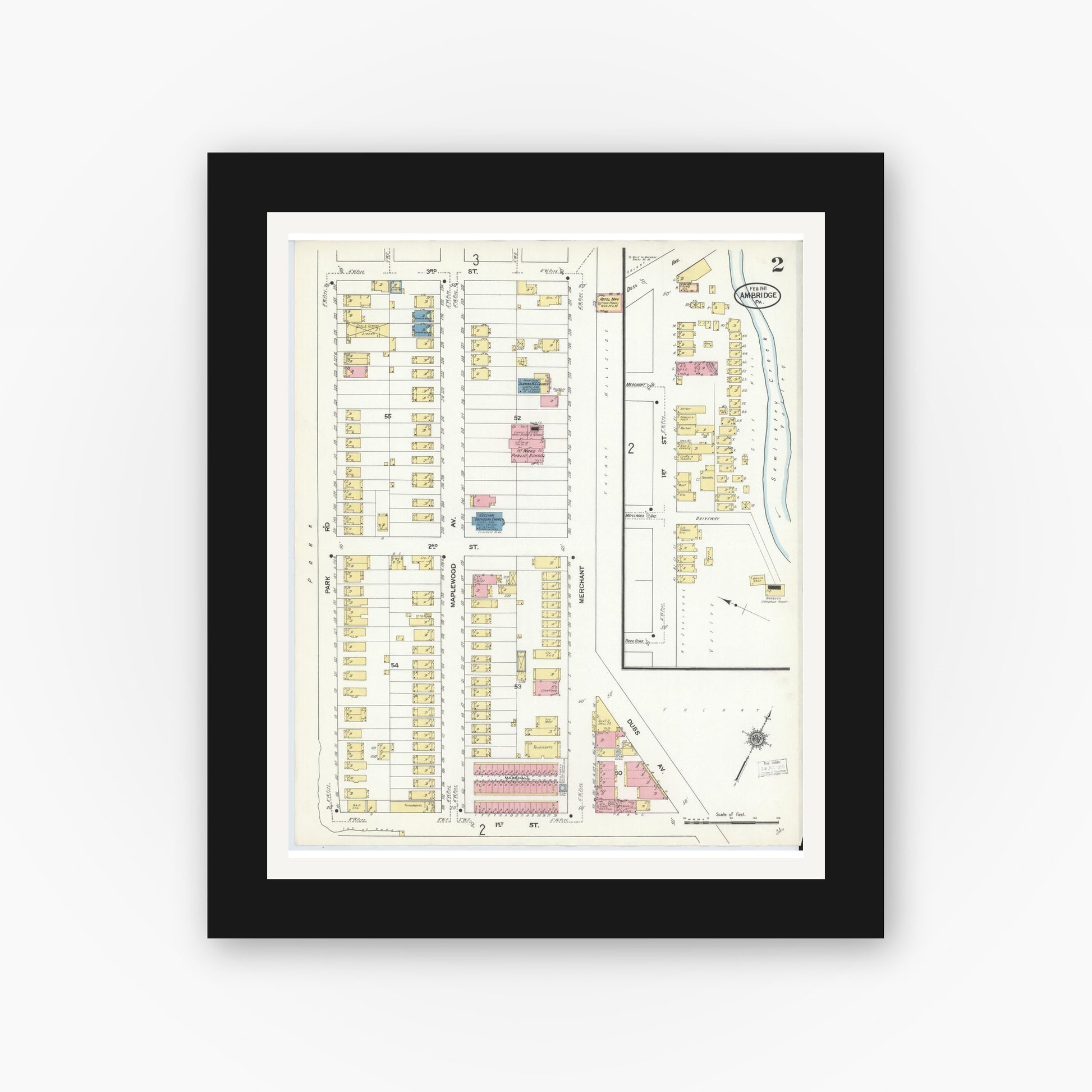 Old map wall art mockup — black gallery frame with white mat — Sanborn Fire Insurance Map from Ambridge, Beaver County, Pennsylvania (1911), Sheet #0002