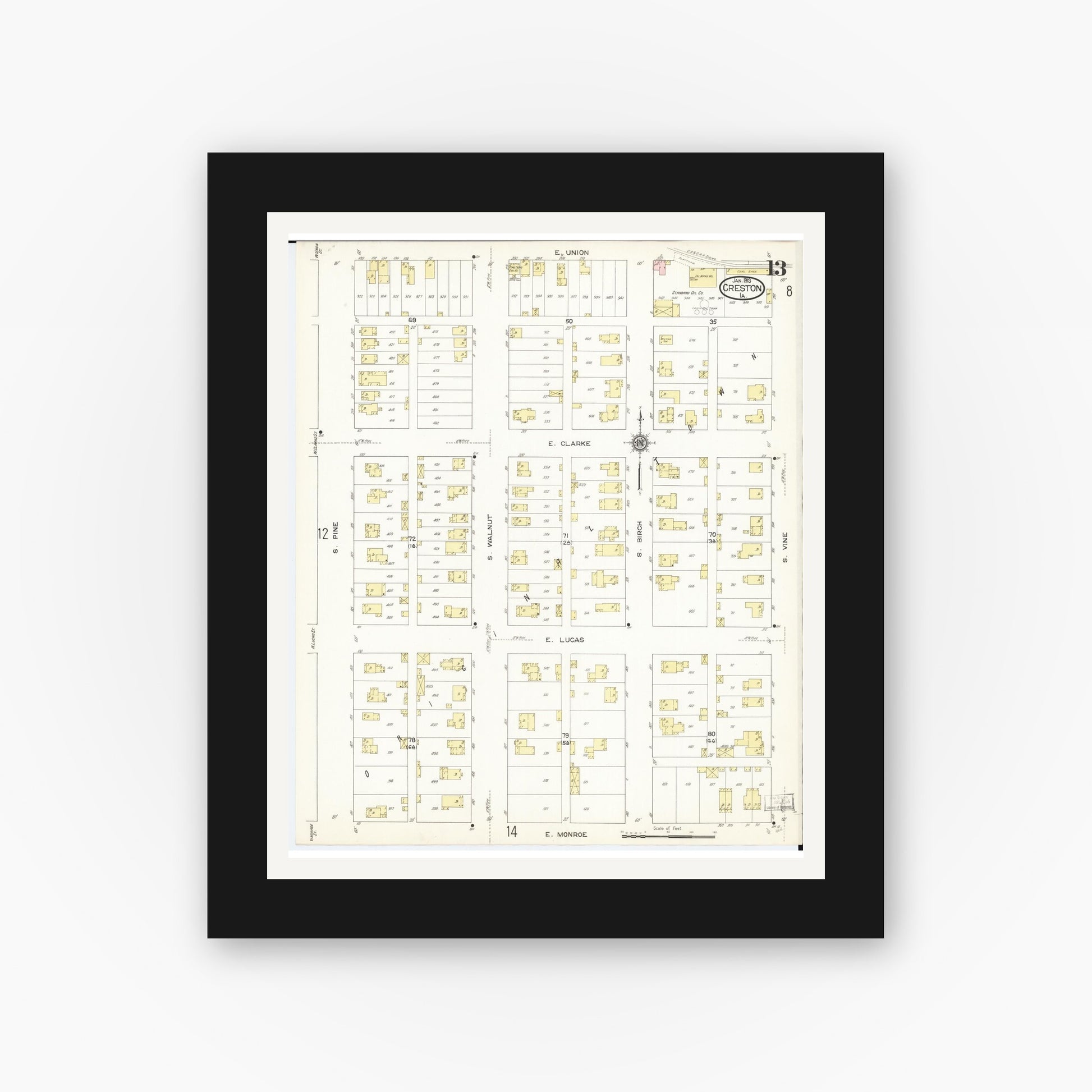 Old map wall art mockup — black gallery frame with white mat — Sanborn Fire Insurance Map from Creston, Union County, Iowa (1913), Sheet #0013