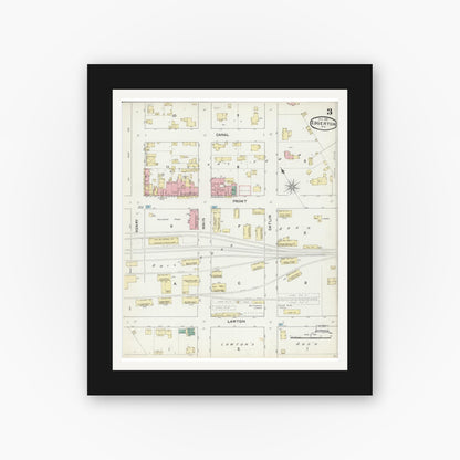 Old map wall art mockup — black gallery frame with white mat — Sanborn Fire Insurance Map from Edgerton, Rock County, Wisconsin (1891), Sheet #0003