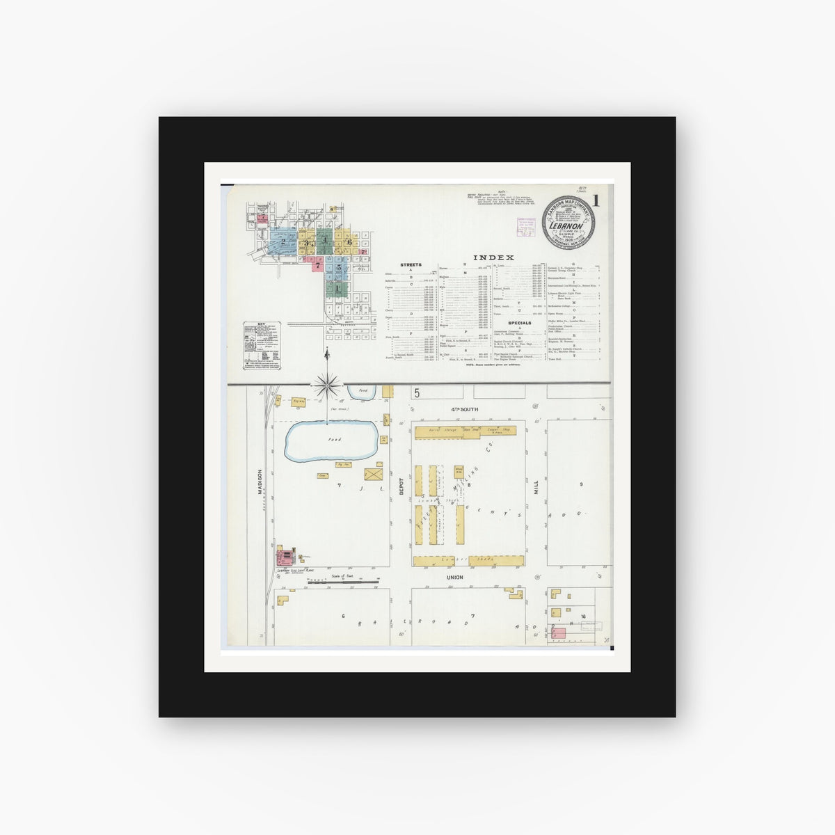 Old map wall art mockup — black gallery frame with white mat — Sanborn Fire Insurance Map from Lebanon, Saint Clair County, Illinois (1906) - Complete Map Set