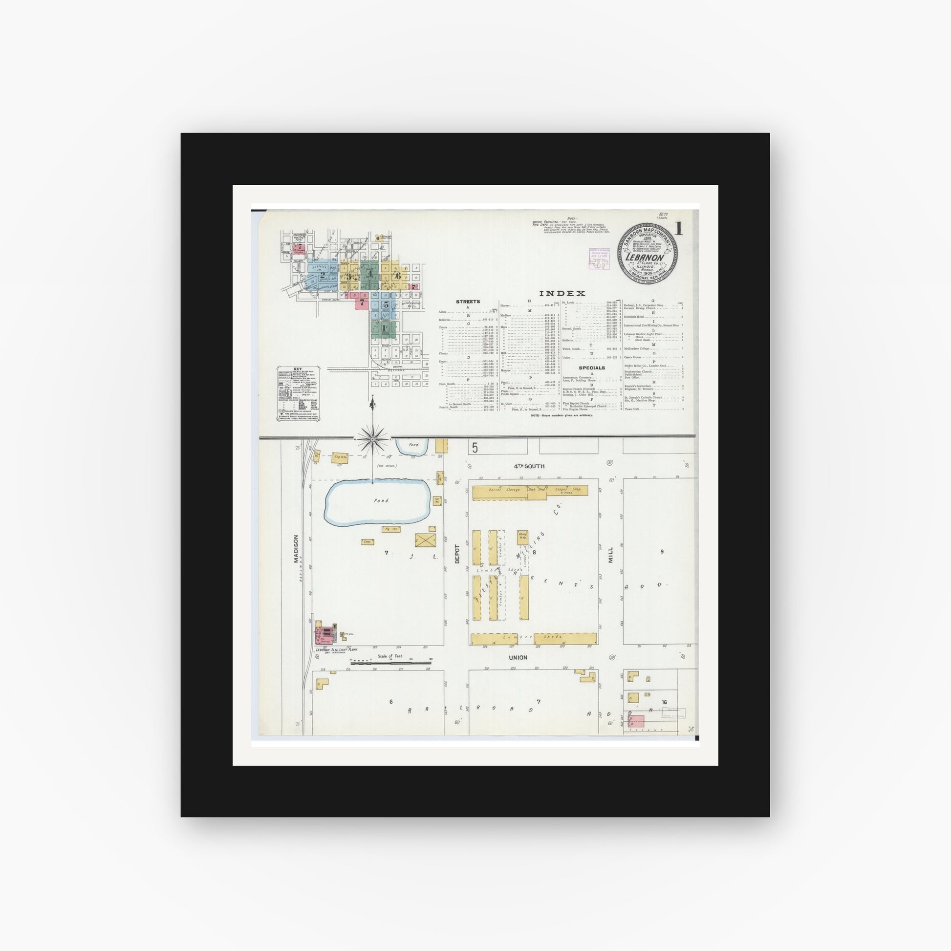 Old map wall art mockup — black gallery frame with white mat — Sanborn Fire Insurance Map from Lebanon, Saint Clair County, Illinois (1906) - Complete Map Set
