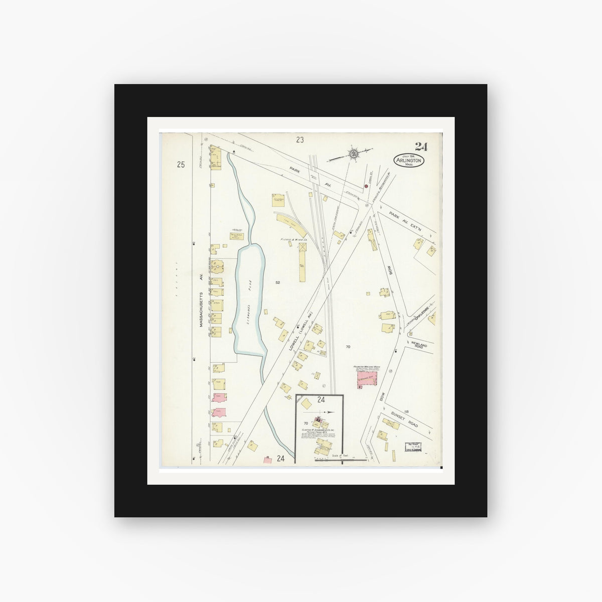 Old map wall art mockup — black gallery frame with white mat — Sanborn Fire Insurance Map from Arlington, Middlesex County, Massachusetts (1914), Sheet #0024