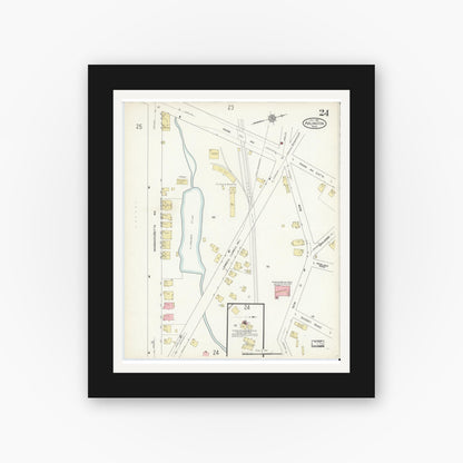 Old map wall art mockup — black gallery frame with white mat — Sanborn Fire Insurance Map from Arlington, Middlesex County, Massachusetts (1914), Sheet #0024