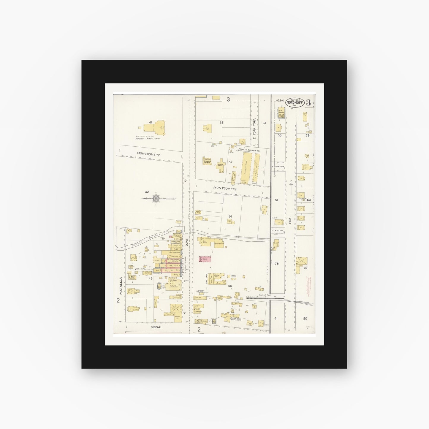 Old map wall art mockup — black gallery frame with white mat — Sanborn Fire Insurance Map from Nordhoff, Ventura County, California (1912), Sheet #0003
