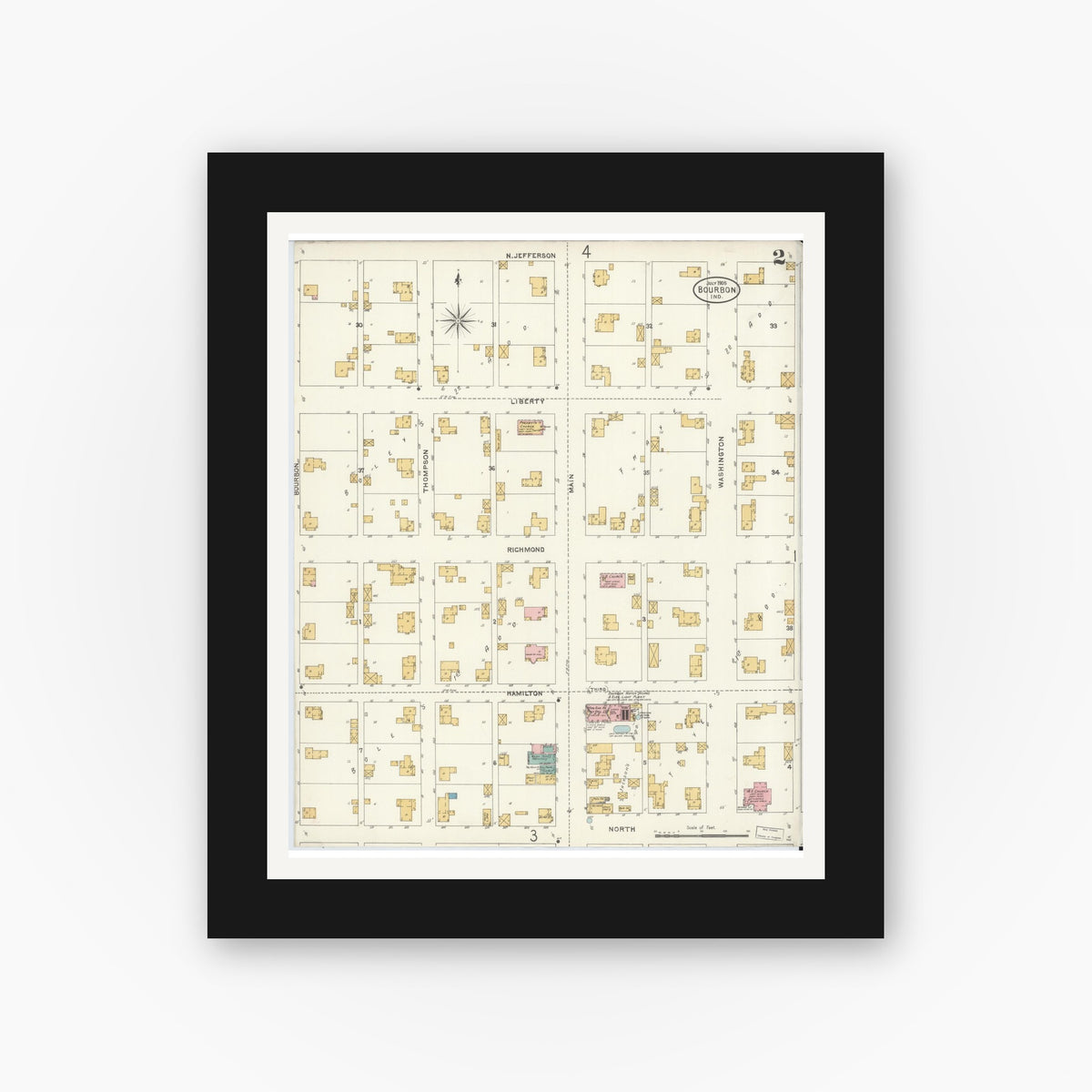 Old map wall art mockup — black gallery frame with white mat — Sanborn Fire Insurance Map from Bourbon, Marshall County, Indiana (1905), Sheet #0002