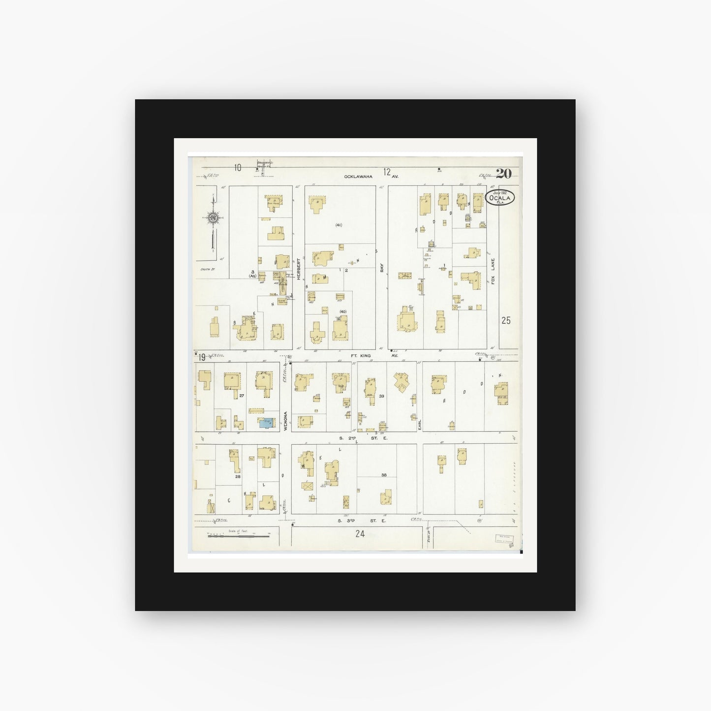 Old map wall art mockup — black gallery frame with white mat — Sanborn Fire Insurance Map from Ocala, Marion County, Florida (1912), Sheet #0020
