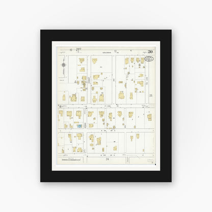 Old map wall art mockup — black gallery frame with white mat — Sanborn Fire Insurance Map from Ocala, Marion County, Florida (1912), Sheet #0020
