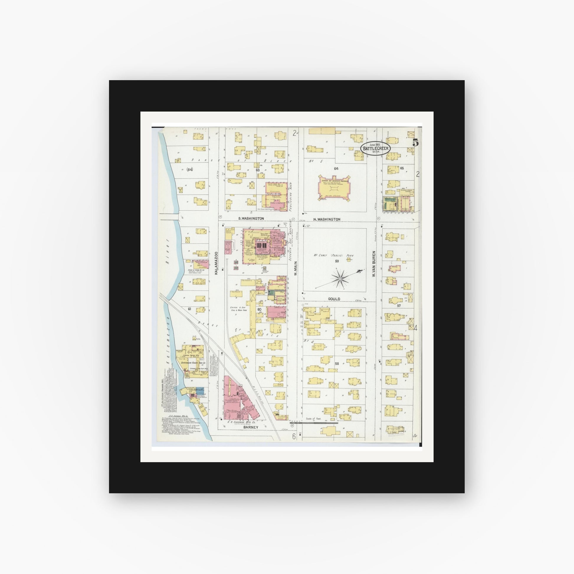 Old map wall art mockup — black gallery frame with white mat — Sanborn Fire Insurance Map from Battle Creek, Calhoun County, Michigan (1902), Sheet #0005