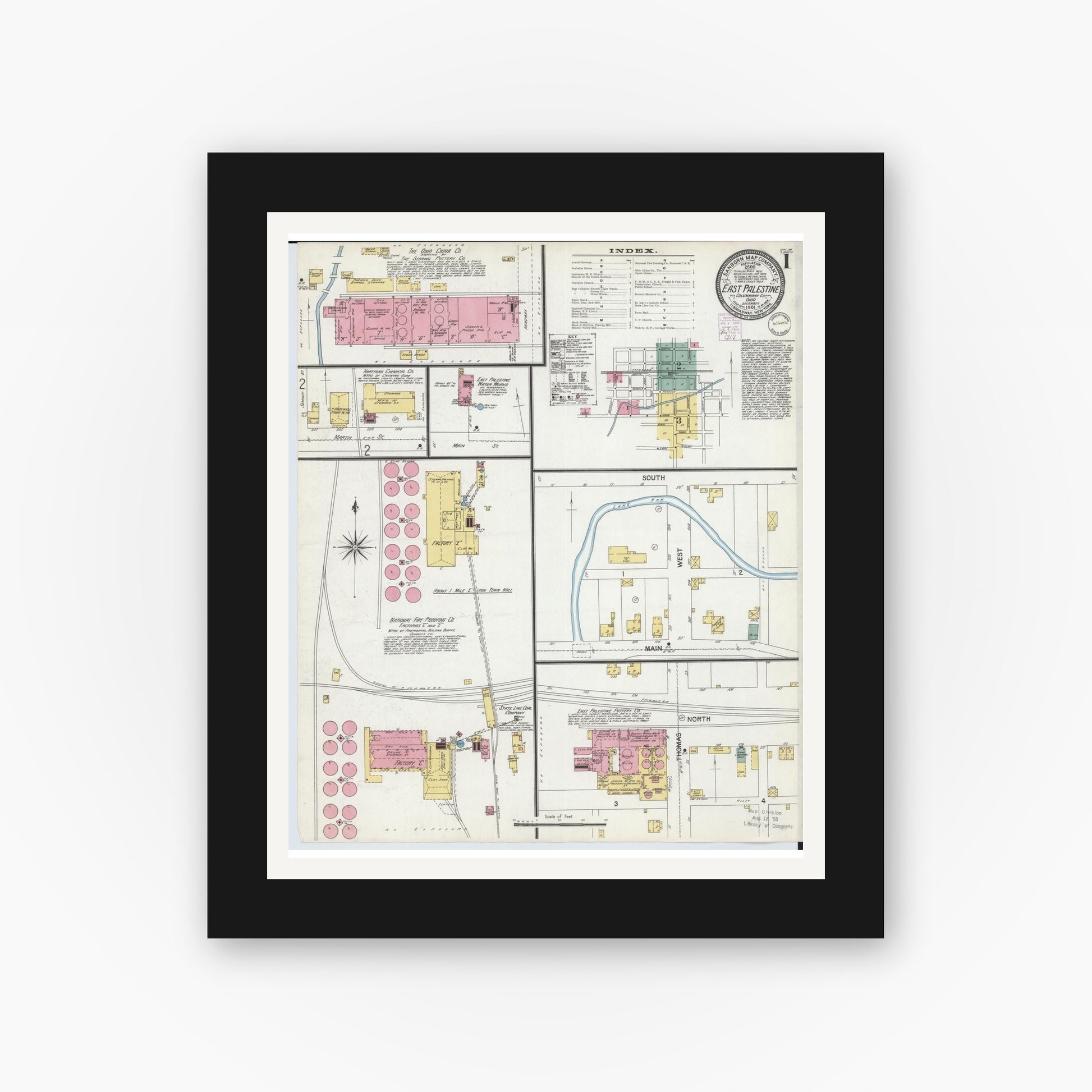Old map wall art mockup — black gallery frame with white mat — Sanborn Fire Insurance Map from East Palestine, Columbiana County, Ohio (1901) - Complete Map Set