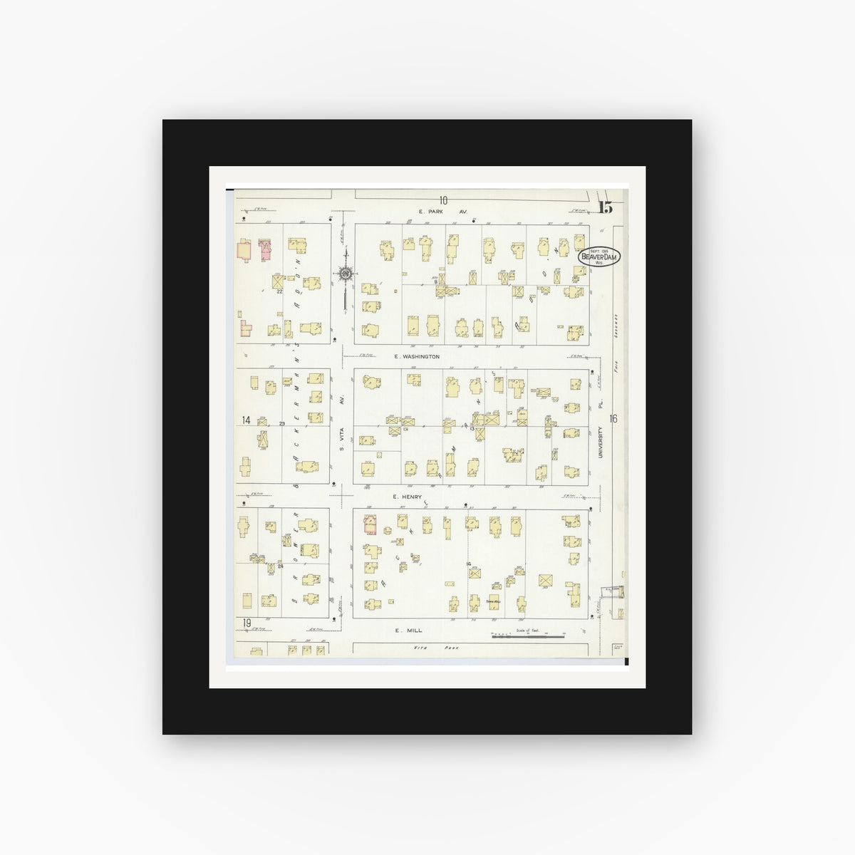 Old map wall art mockup — black gallery frame with white mat — Sanborn Fire Insurance Map from Beaver Dam, Dodge County, Wisconsin (1914), Sheet #0015