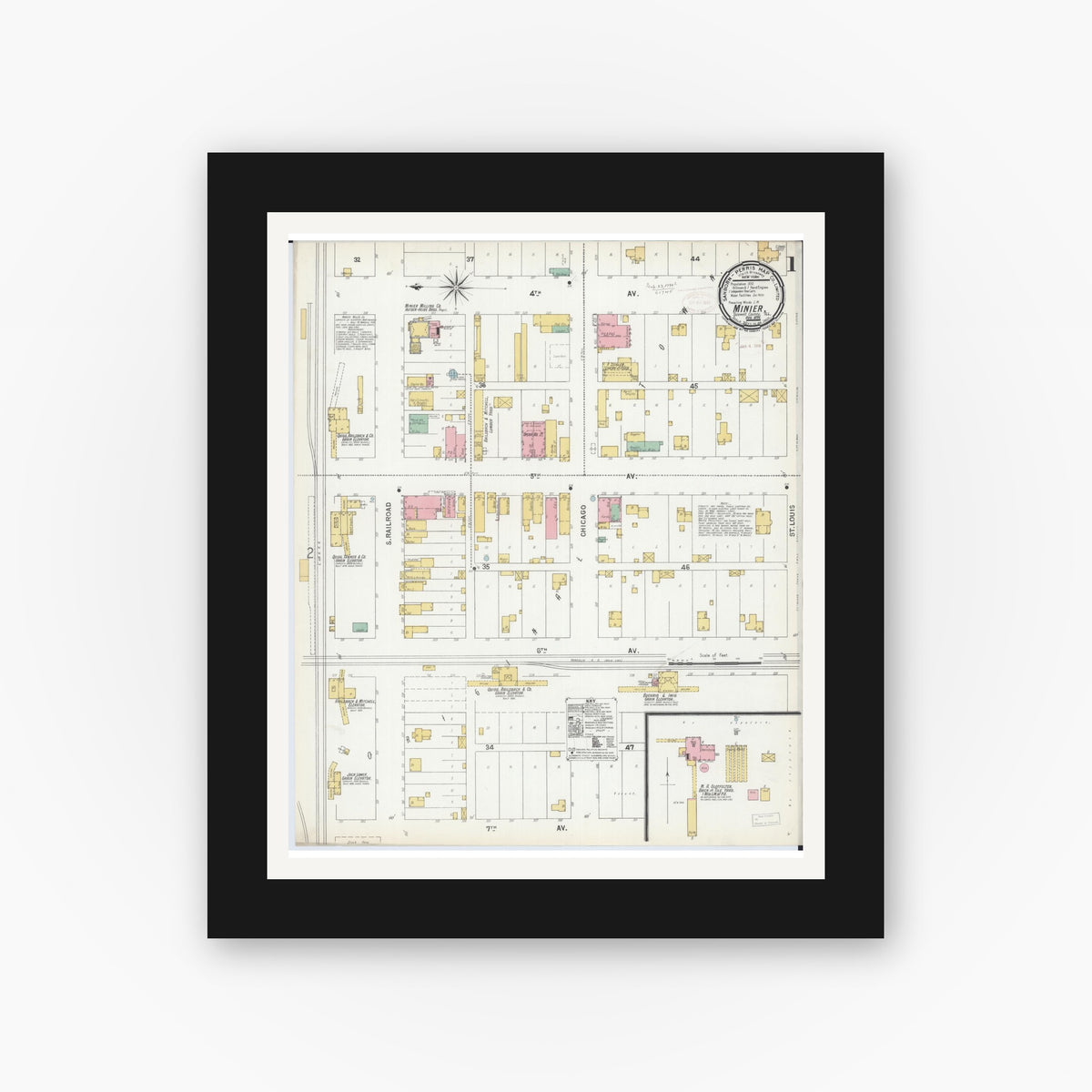 Old map wall art mockup — black gallery frame with white mat — Sanborn Fire Insurance Map from Minier, Tazewell County, Illinois (1899) - Complete Map Set