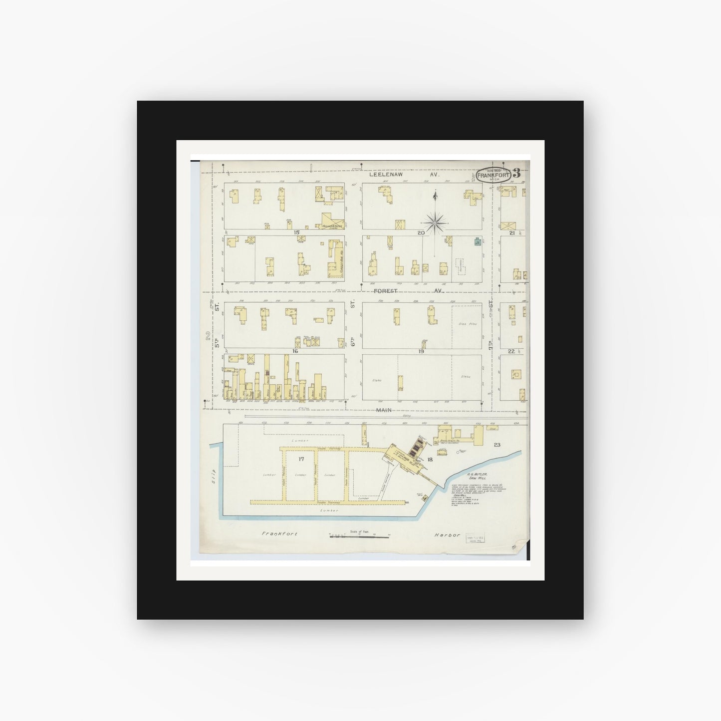 Old map wall art mockup — black gallery frame with white mat — Sanborn Fire Insurance Map from Frankfort, Benzie County, Michigan (1893), Sheet #0003
