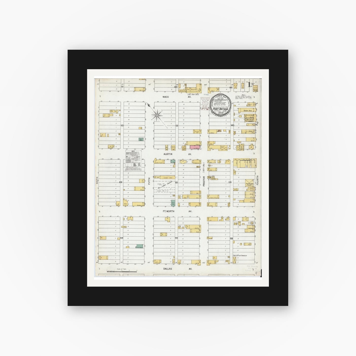 Old map wall art mockup — black gallery frame with white mat — Sanborn Fire Insurance Map from Port Arthur, Jefferson County, Texas (1900) - Complete Map Set