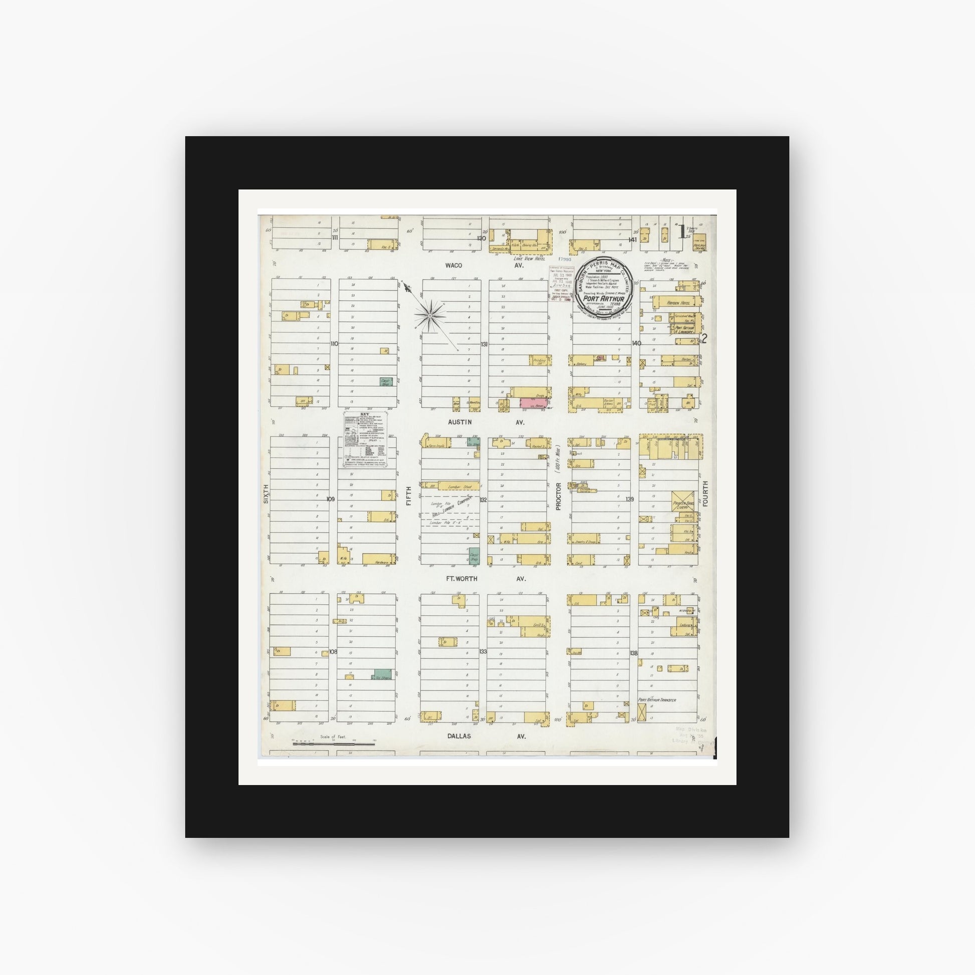 Old map wall art mockup — black gallery frame with white mat — Sanborn Fire Insurance Map from Port Arthur, Jefferson County, Texas (1900) - Complete Map Set