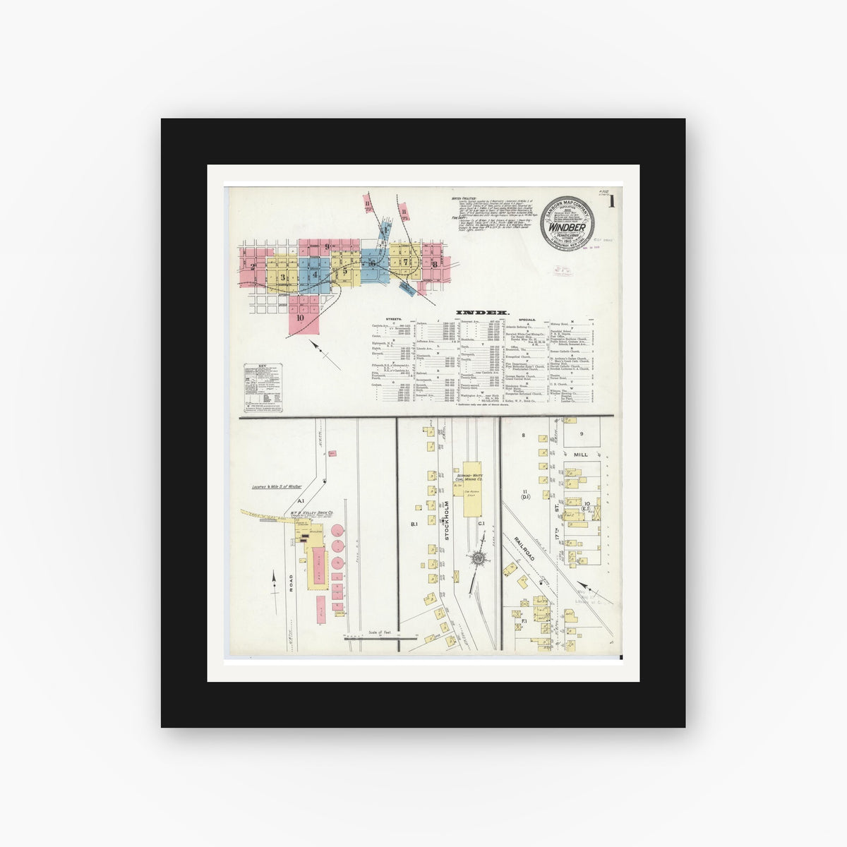 Old map wall art mockup — black gallery frame with white mat — Sanborn Fire Insurance Map from Windber, Somerset County, Pennsylvania (1910) - Complete Map Set