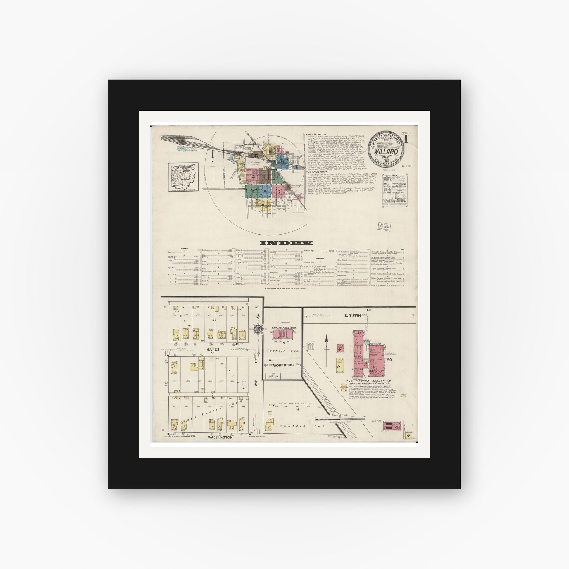 Old map wall art mockup — black gallery frame with white mat — Sanborn Fire Insurance Map from Willard, Huron County, Ohio (1922) - Complete Map Set