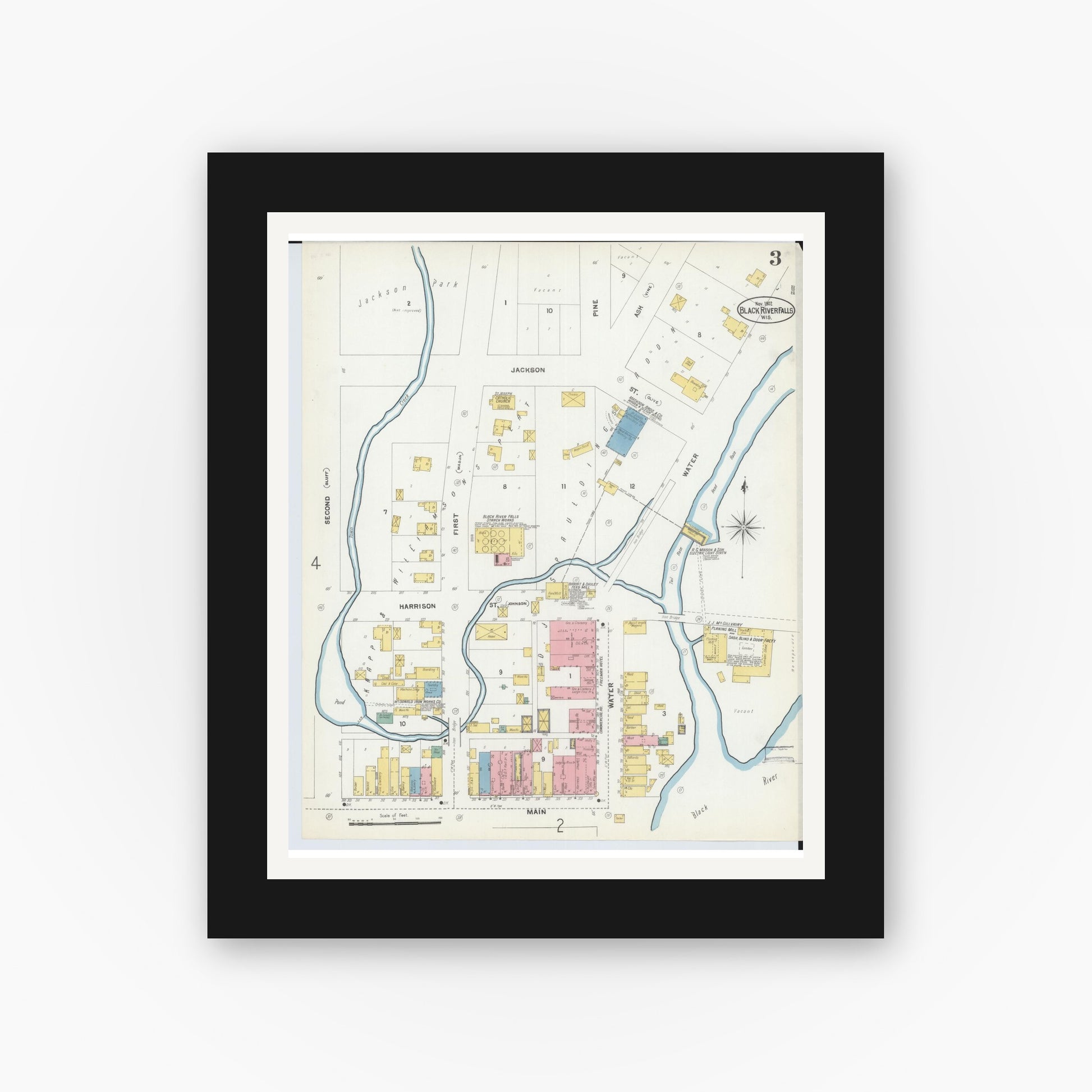Old map wall art mockup — black gallery frame with white mat — Sanborn Fire Insurance Map from Black River Falls, Jackson County, Wisconsin (1902), Sheet #0003