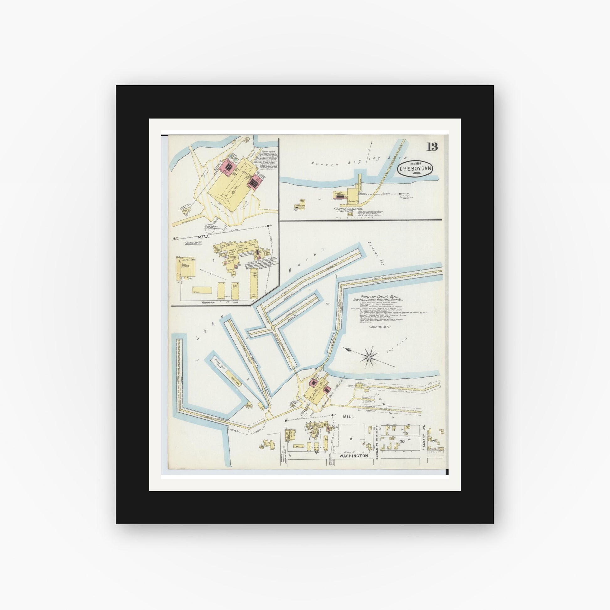 Old map wall art mockup — black gallery frame with white mat — Sanborn Fire Insurance Map from Cheboygan, Cheboygan County, Michigan (1895), Sheet #0013