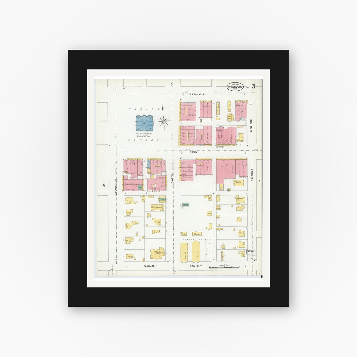 Old map wall art mockup — black gallery frame with white mat — Sanborn Fire Insurance Map from Hillsboro, Hill County, Texas (1900), Sheet #0005