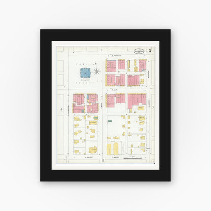 Old map wall art mockup — black gallery frame with white mat — Sanborn Fire Insurance Map from Hillsboro, Hill County, Texas (1900), Sheet #0005