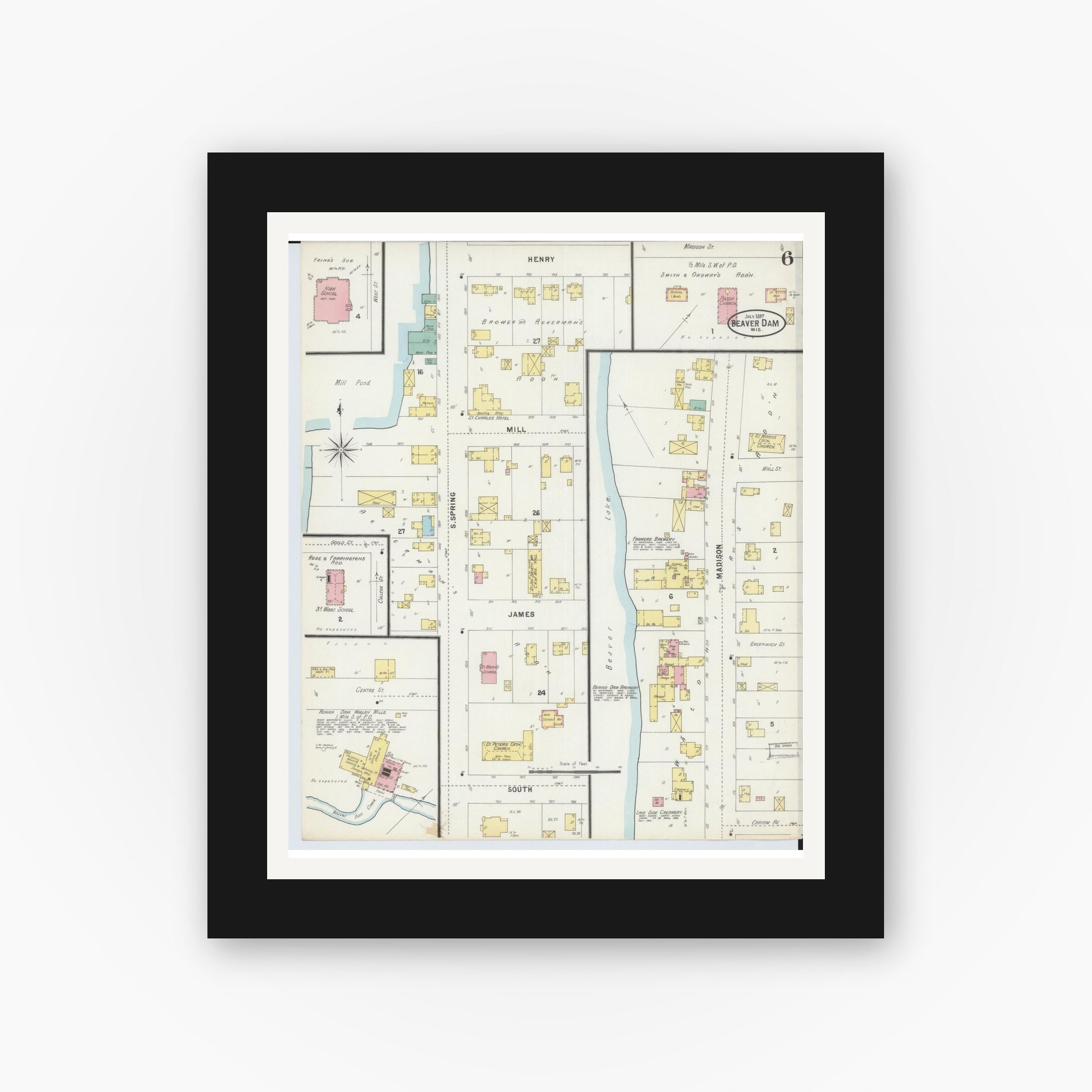 Old map wall art mockup — black gallery frame with white mat — Sanborn Fire Insurance Map from Beaver Dam, Dodge County, Wisconsin (1897), Sheet #0006