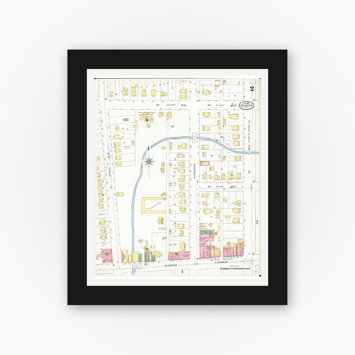 Old map wall art mockup — black gallery frame with white mat — Sanborn Fire Insurance Map from Oelwein, Fayette County, Iowa (1906), Sheet #0002