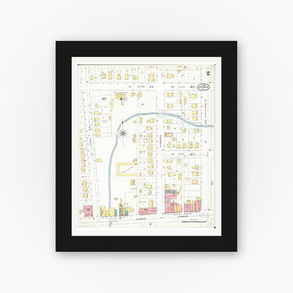 Old map wall art mockup — black gallery frame with white mat — Sanborn Fire Insurance Map from Oelwein, Fayette County, Iowa (1906), Sheet #0002