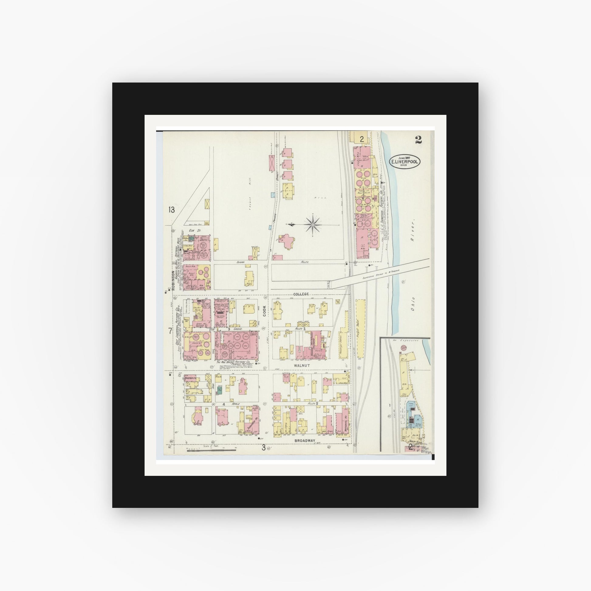 Old map wall art mockup — black gallery frame with white mat — Sanborn Fire Insurance Map from East Liverpool, Columbiana County, Ohio (1897), Sheet #0002