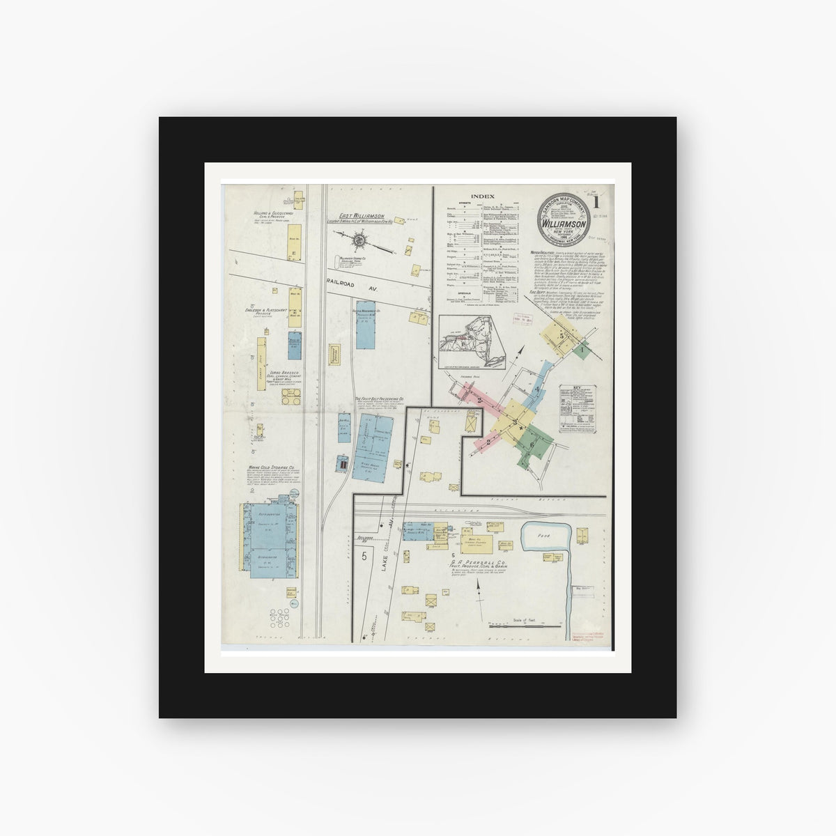 Old map wall art mockup — black gallery frame with white mat — Sanborn Fire Insurance Map from Williamson, Wayne County, New York (1914) - Complete Map Set