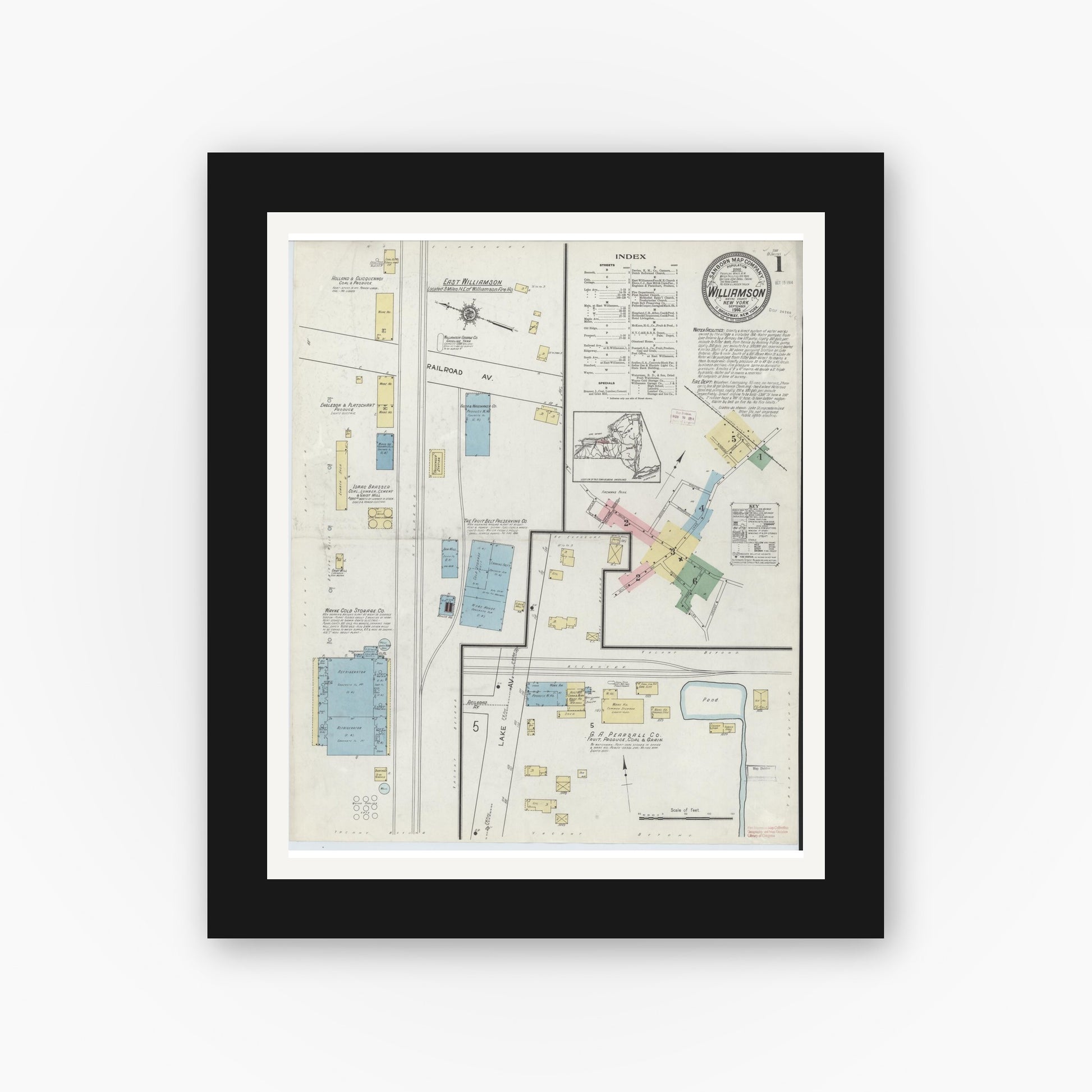 Old map wall art mockup — black gallery frame with white mat — Sanborn Fire Insurance Map from Williamson, Wayne County, New York (1914) - Complete Map Set