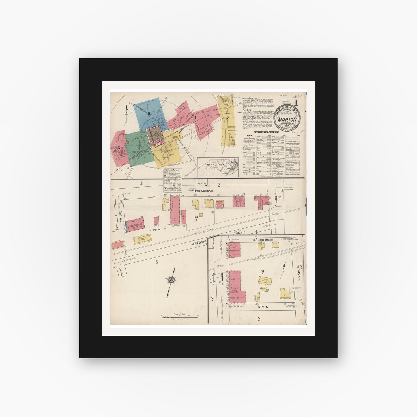 Old map wall art mockup — black gallery frame with white mat — Sanborn Fire Insurance Map from Marion, Mcdowell County, North Carolina (1922), Sheet #0001