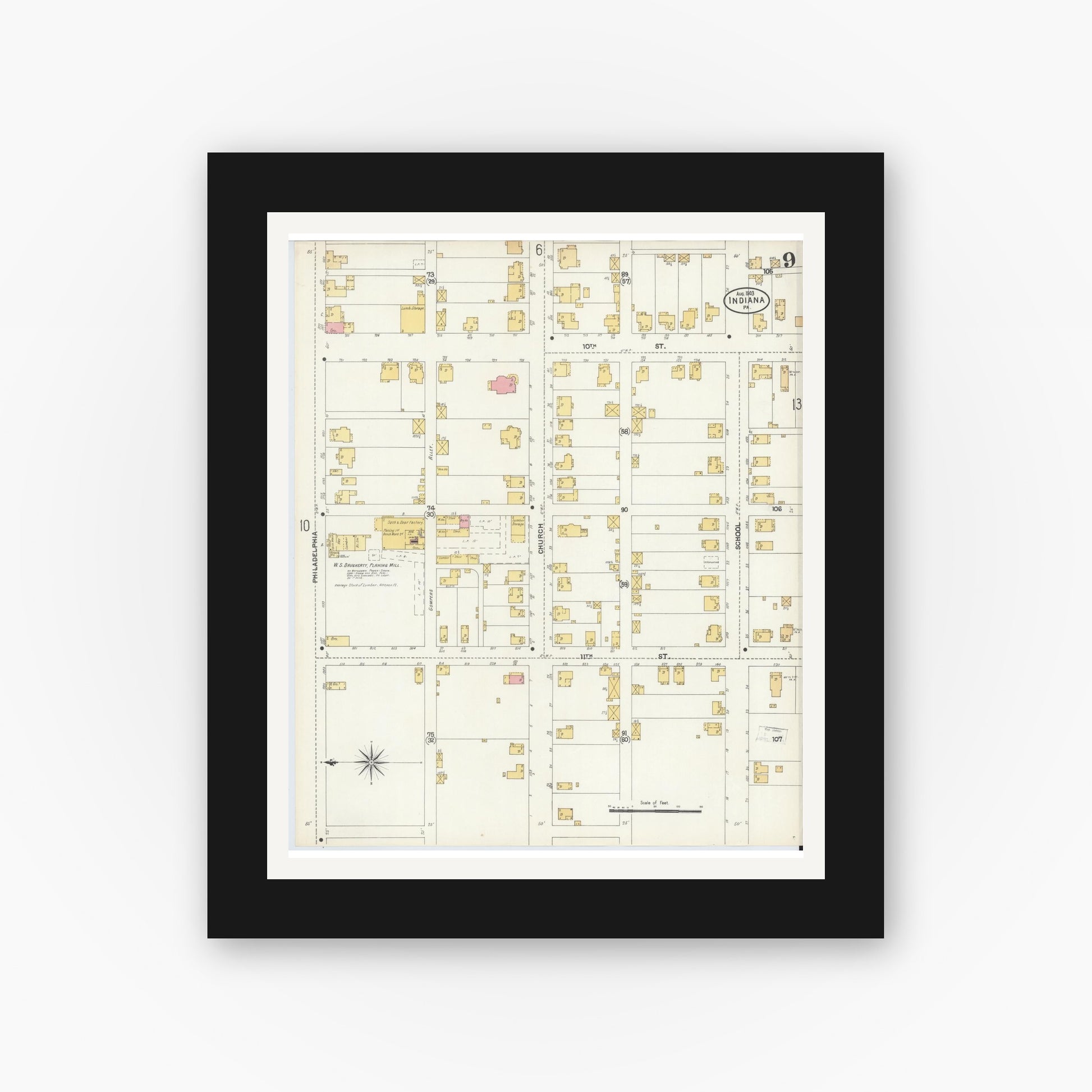 Old map wall art mockup — black gallery frame with white mat — Sanborn Fire Insurance Map from Indiana, Indiana County, Pennsylvania (1903), Sheet #0009